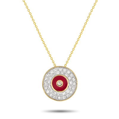 14K Yellow Gold 0.20ct Diamond Red Disk Necklace
