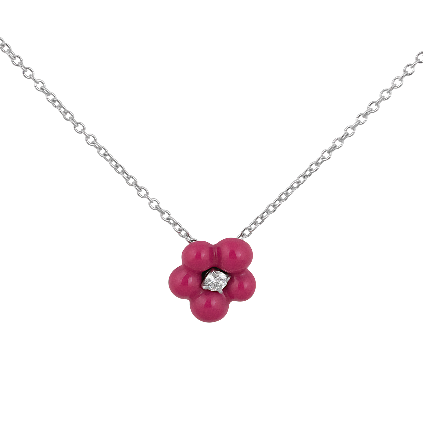 Stefan Hafner 18K White Gold Diamond & Pink Enamel Flower Pendant Necklace