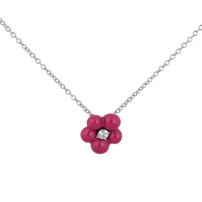 Stefan Hafner 18K White Gold Diamond & Pink Enamel Flower Pendant Necklace