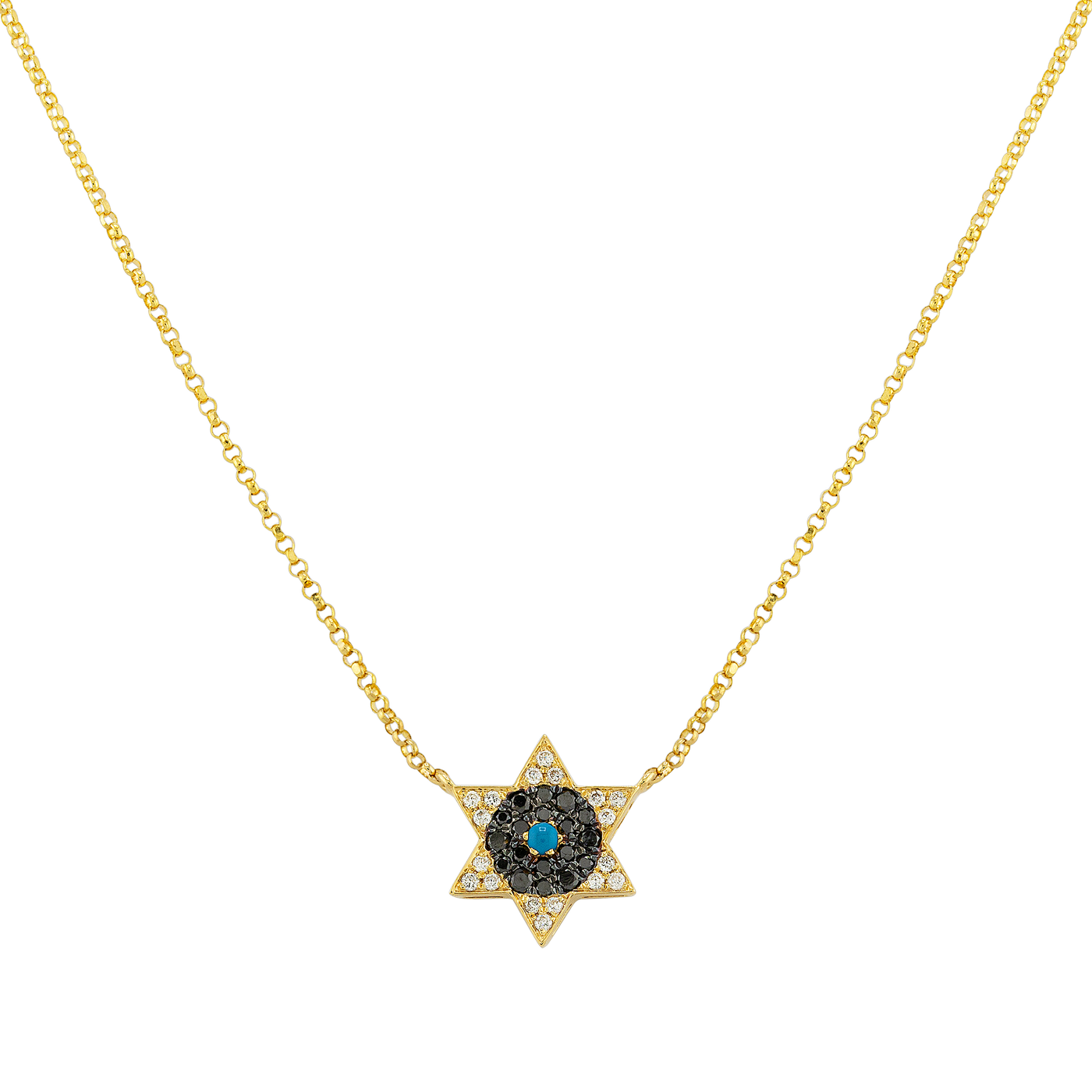 18K Yellow Gold Star of David Diamond Necklace with Turquoise 0.24ct. tw