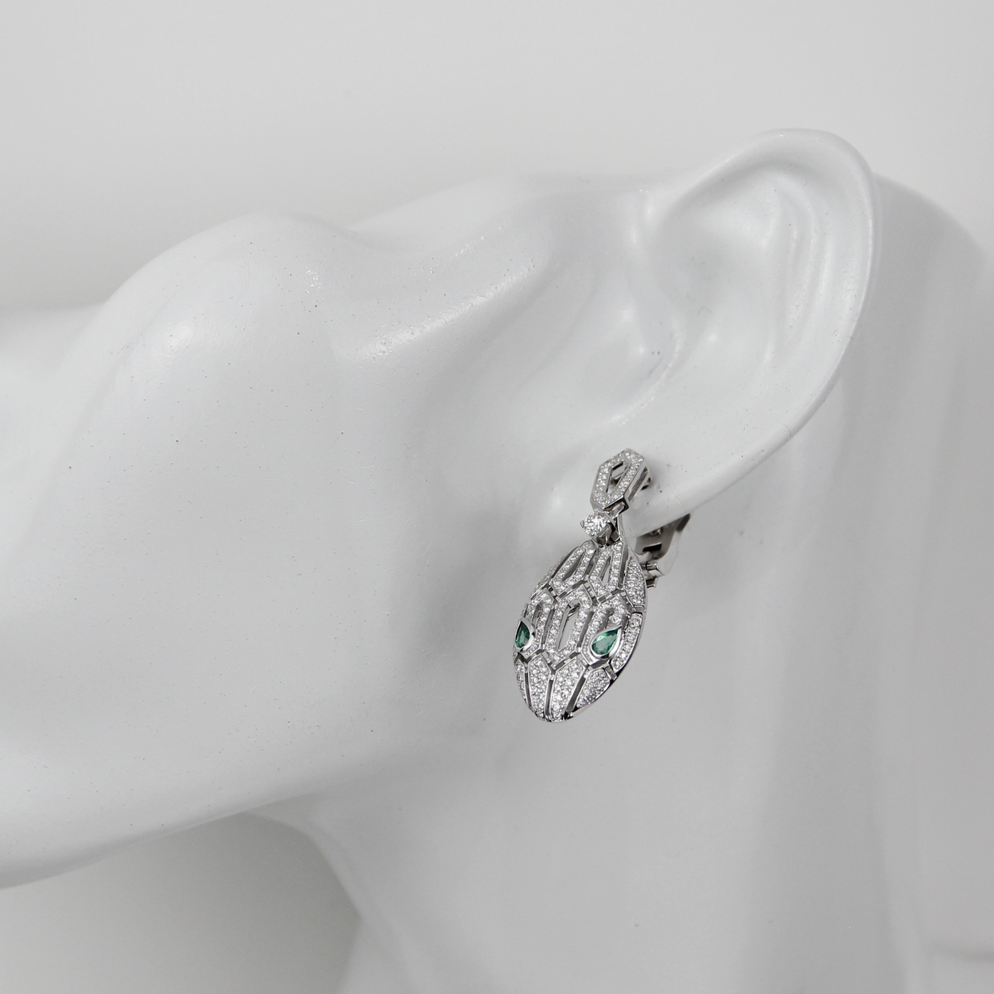 Bulgari Serpenti 18K White Gold Diamond & Emerald Earrings