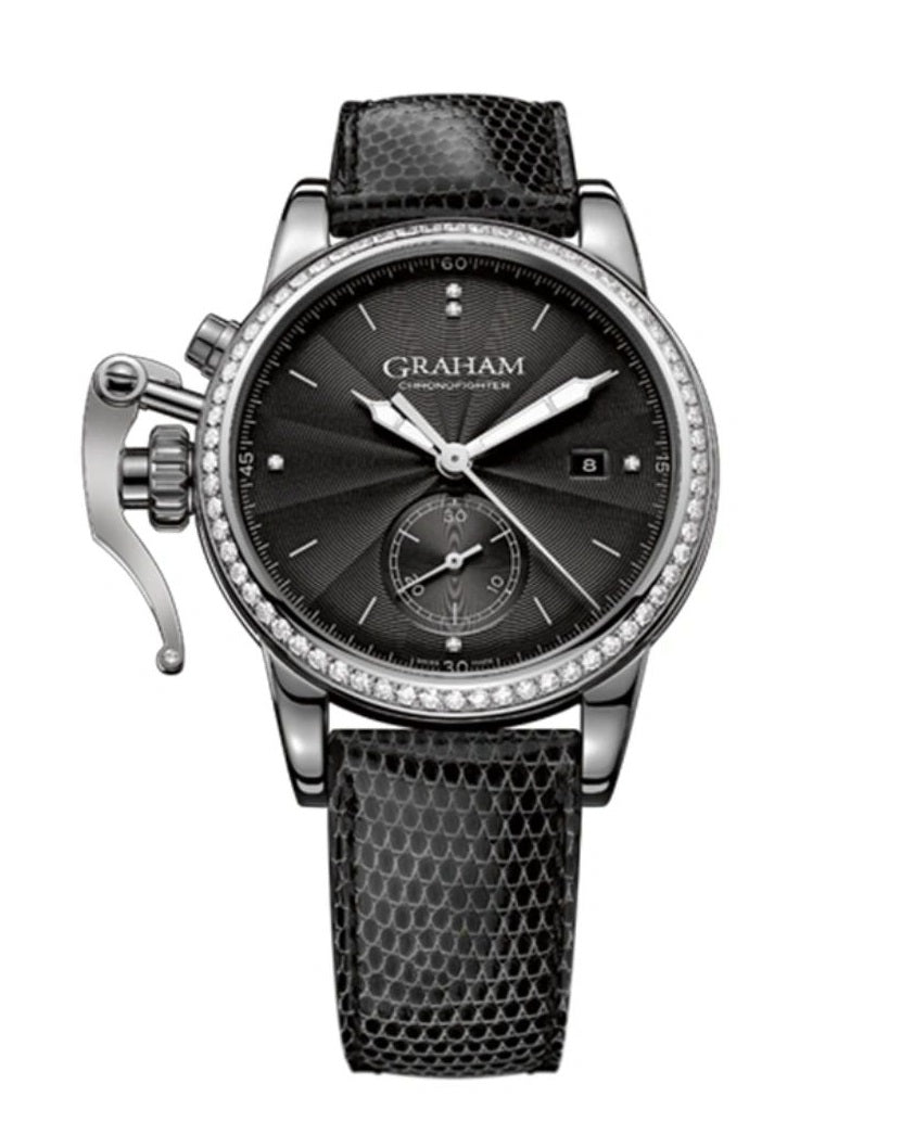 Graham Chronofighter 1965 Romantic Lady Moon 42mm in Steel with Diamond Bezel on Black Lizard Strap with Black Flinque Diamond Dial 2CXNS.B03A
