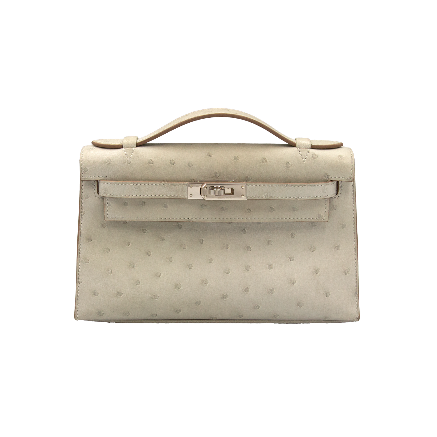 Hermes 2023 Kelly Mini Pochette Gris Perle Ostrich with Palladium Hardware