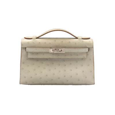 Hermes 2023 Kelly Mini Pochette Gris Perle Ostrich with Palladium Hardware