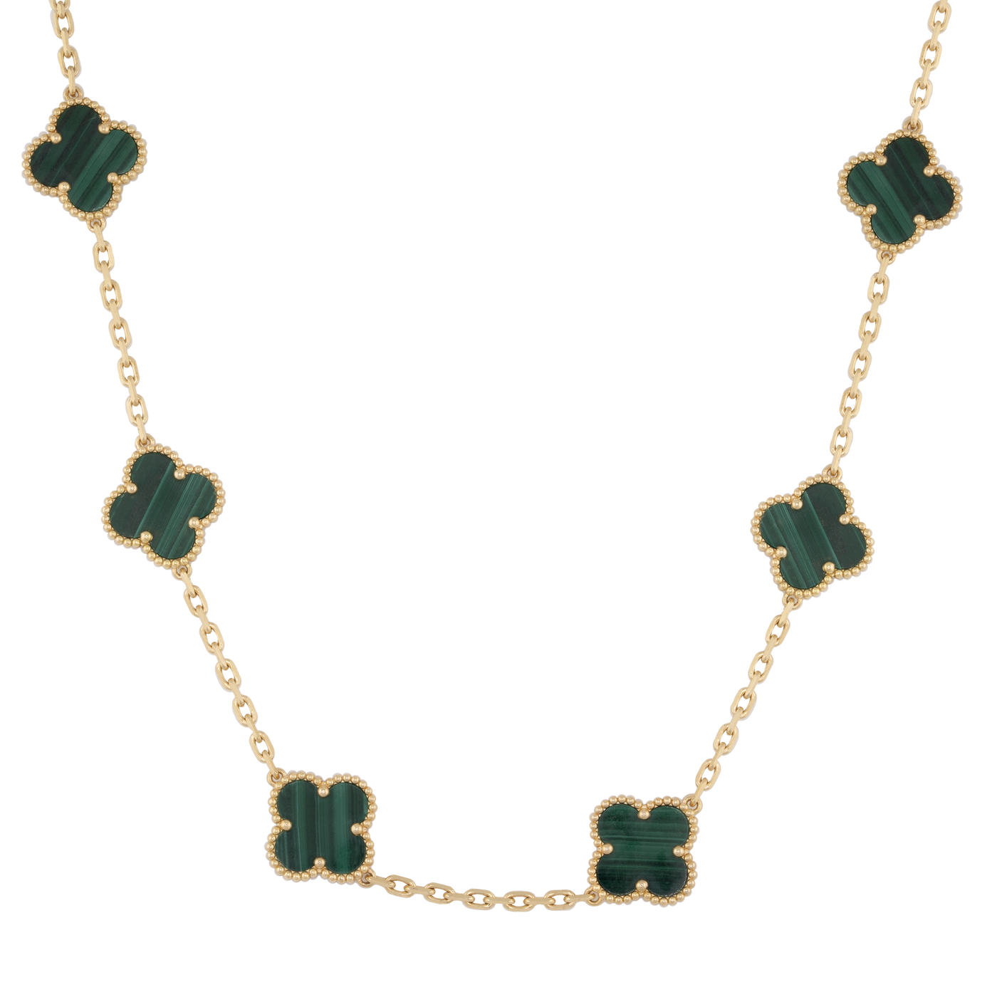 Van Cleef & Arpels 18K Yellow Gold Vintage Malachite Alhambra Necklace, 10 Motifs