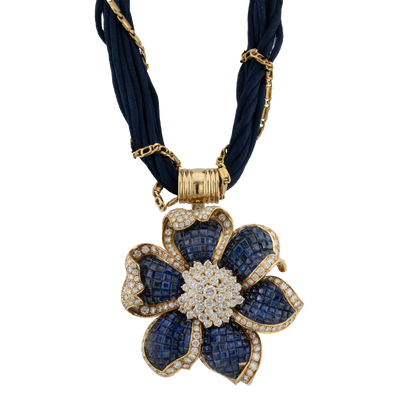 ECJ Collection 18K Yellow Gold Diamond and Sapphire Flower Necklace