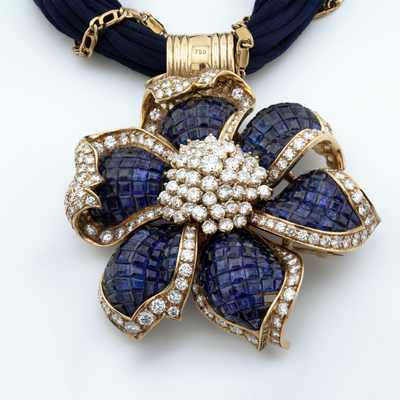 ECJ Collection 18K Yellow Gold Diamond and Sapphire Flower Necklace