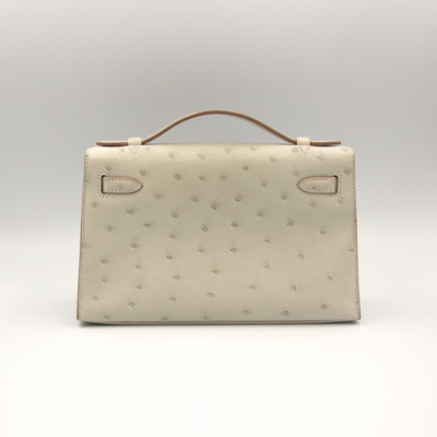 Hermes 2023 Kelly Mini Pochette Gris Perle Ostrich with Palladium Hardware