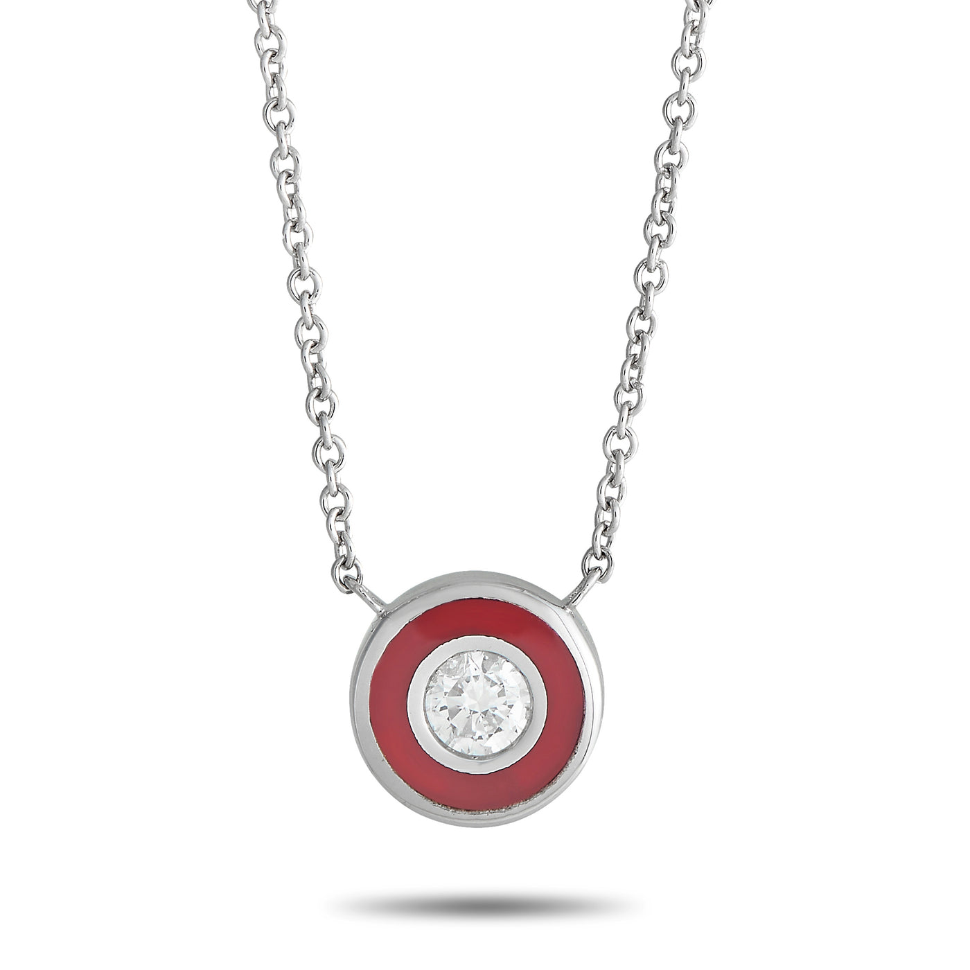 14K White Gold 0.13ct Diamond and Red Enamel Necklace