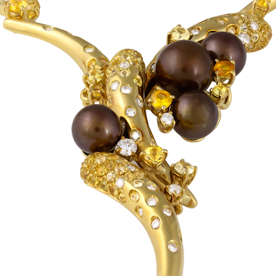 Stefan Hafner 18K Yellow Gold Chocolate Pearl & Diamond & Sapphire Necklace
