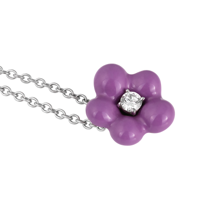 Stefan Hafner 18K White Gold Diamond & Purple Enamel Flower Pendant Necklace