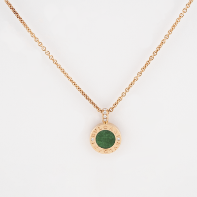 Bulgari 18K Rose Gold Necklace with Green Jade and Pave Diamonds
