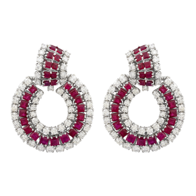 Galleria Cellini 18K White Gold Diamond & Ruby Earrings