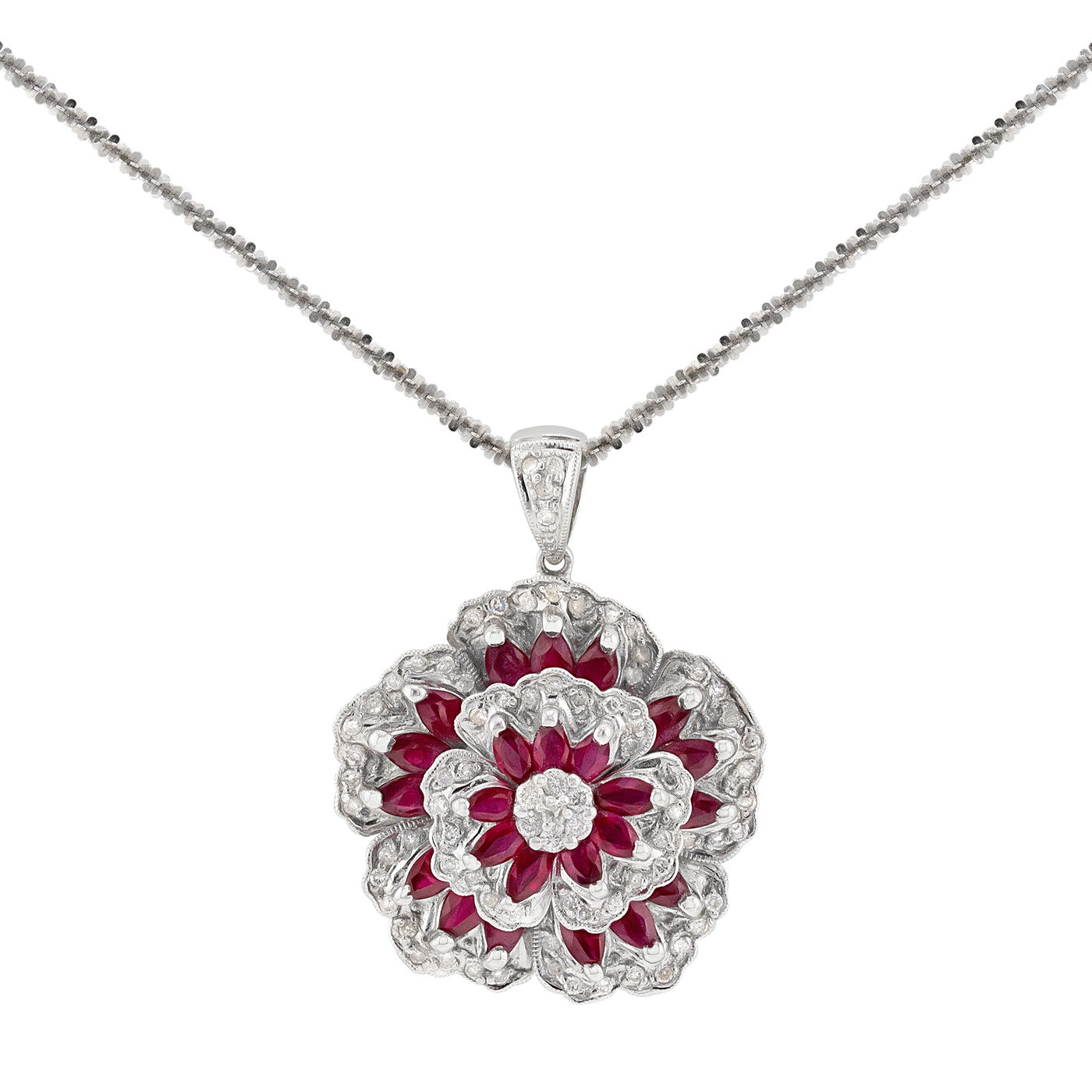 ECJ Collection 14K White Gold Diamond & Ruby Flower Pendant Necklace