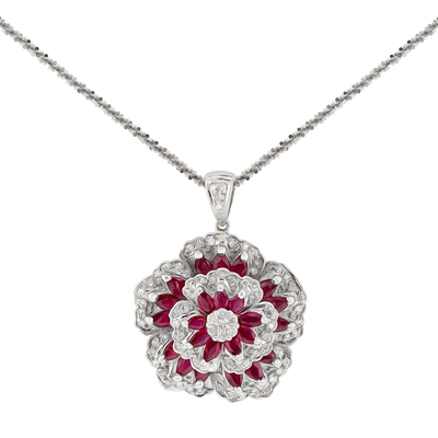 ECJ Collection 14K White Gold Diamond & Ruby Flower Pendant Necklace