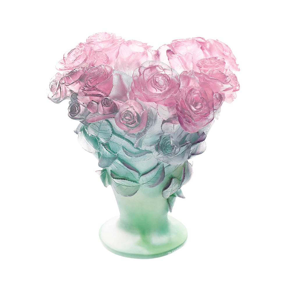 Daum Rose Vase in Green & Pink, Large
