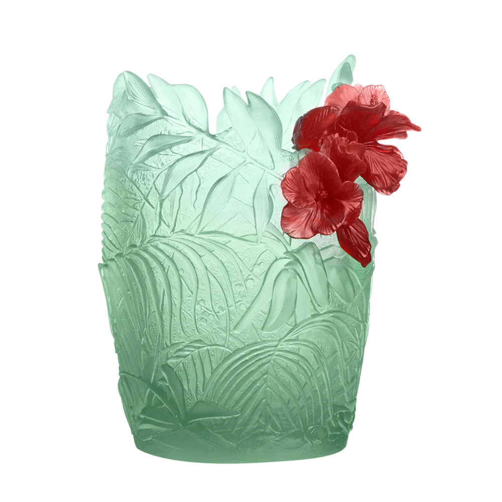 Daum Hibiscus Vase in Light Green & Red, Large