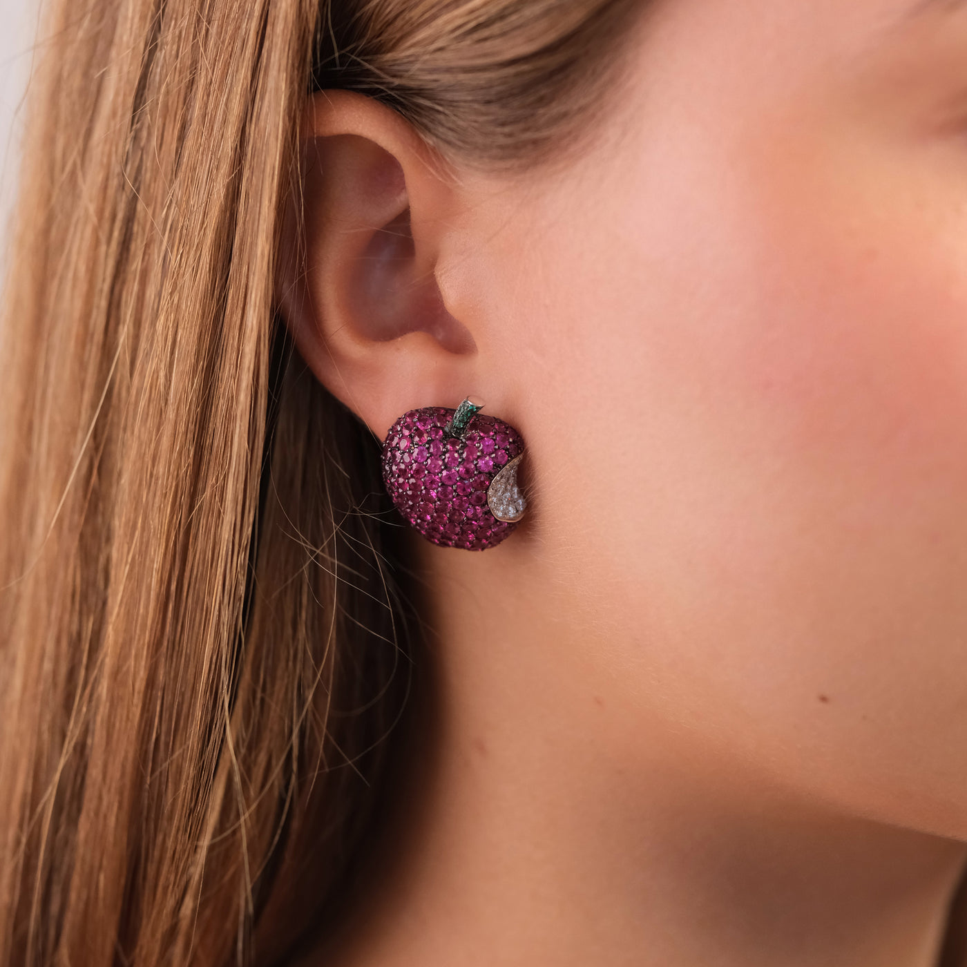 De Grisogono 18K White Gold Ruby and Diamond Apple Earrings