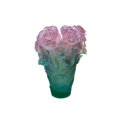 Daum Rose Passion Vase in Green & Pink