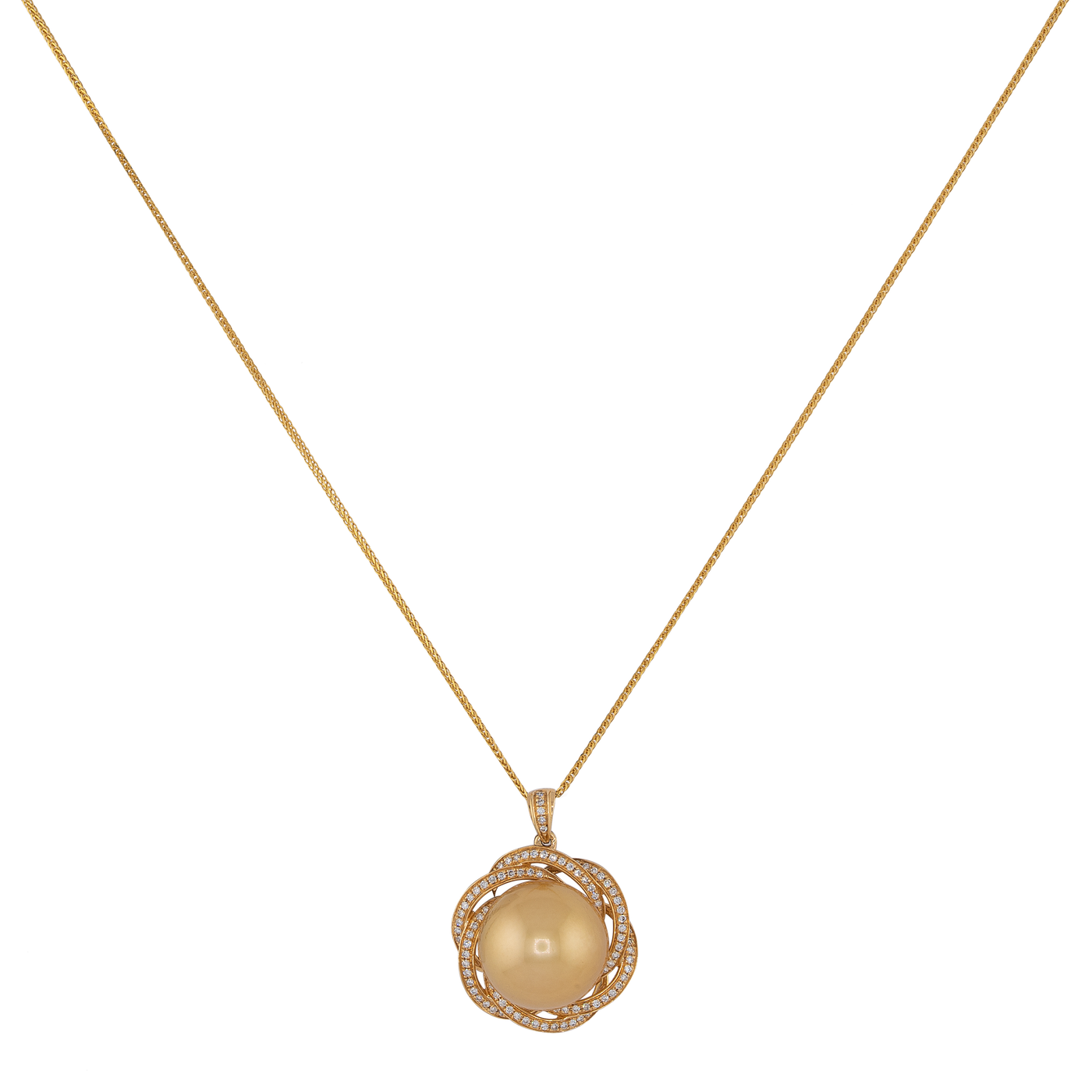 18K Yellow Gold Pearl Pendant with Diamond Flower Necklace