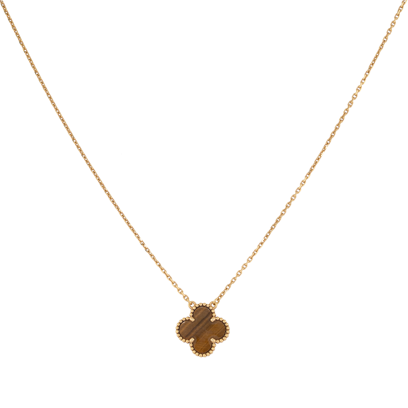 Van Cleef & Arpels 18K Yellow Gold Tiger Eye Vintage Alhambra Pendant Necklace