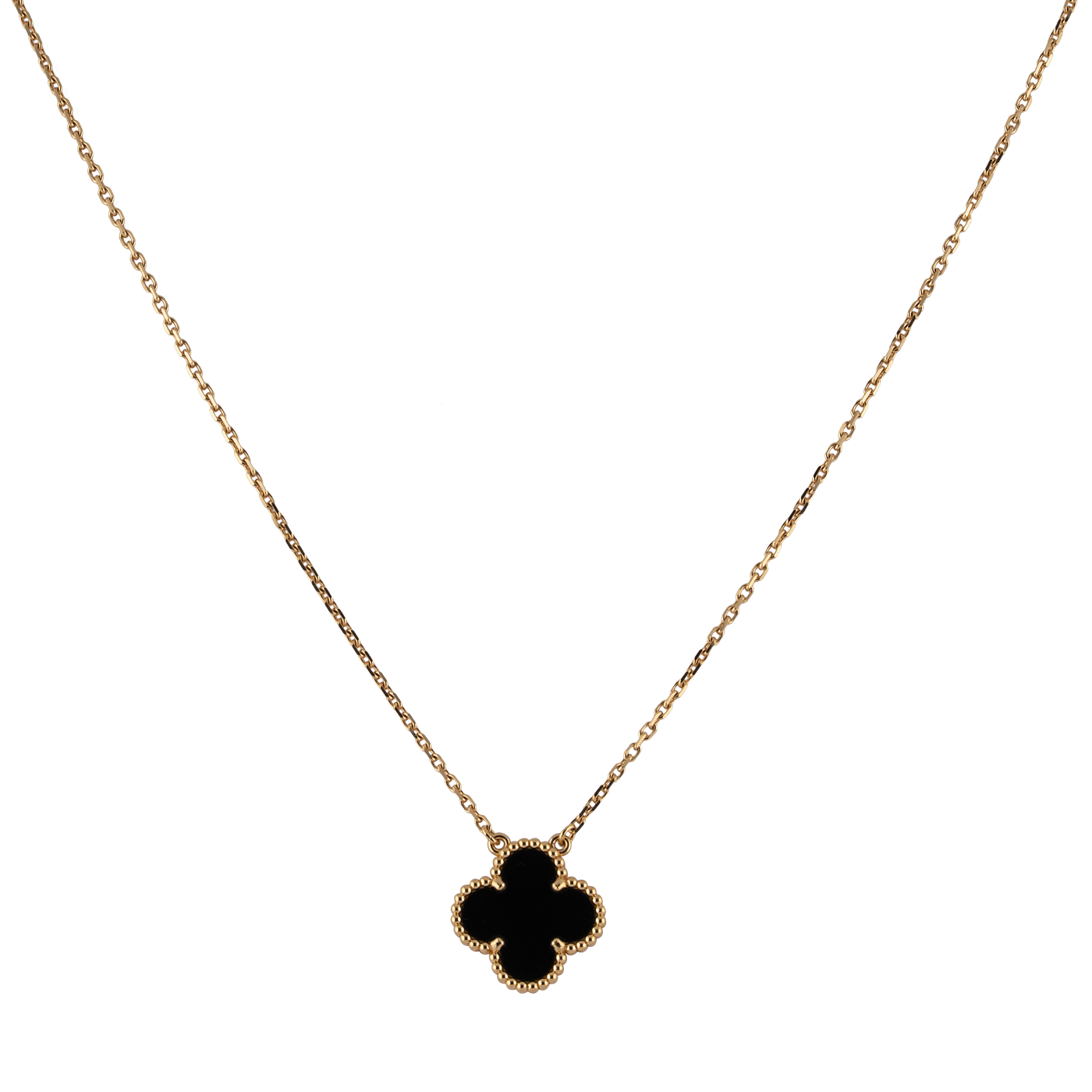 Van Cleef & Arpels 18K Yellow Gold Onyx Vintage Alhambra Pendant Necklace