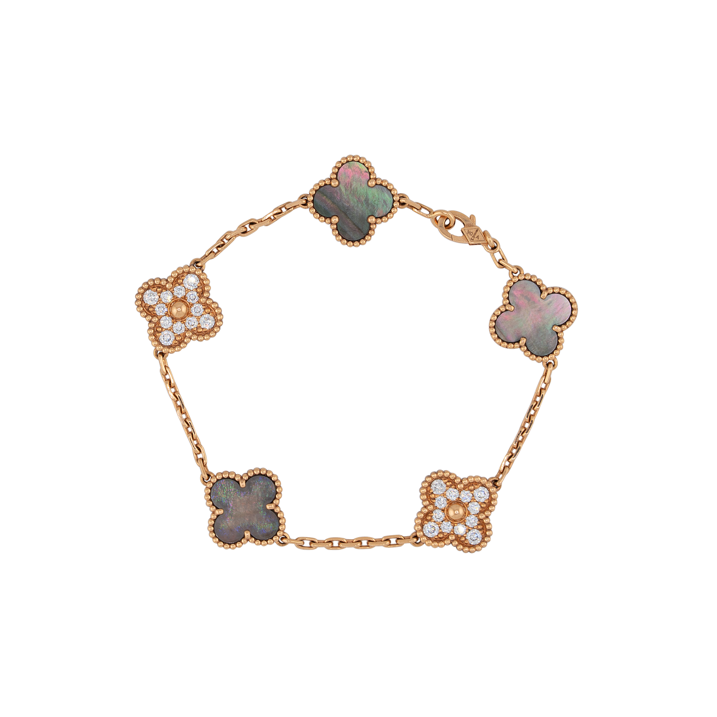 Van Cleef & Arpels 18K Rose Gold Vintage Alhambra Mother of Pearl and Diamonds, 5 Motifs