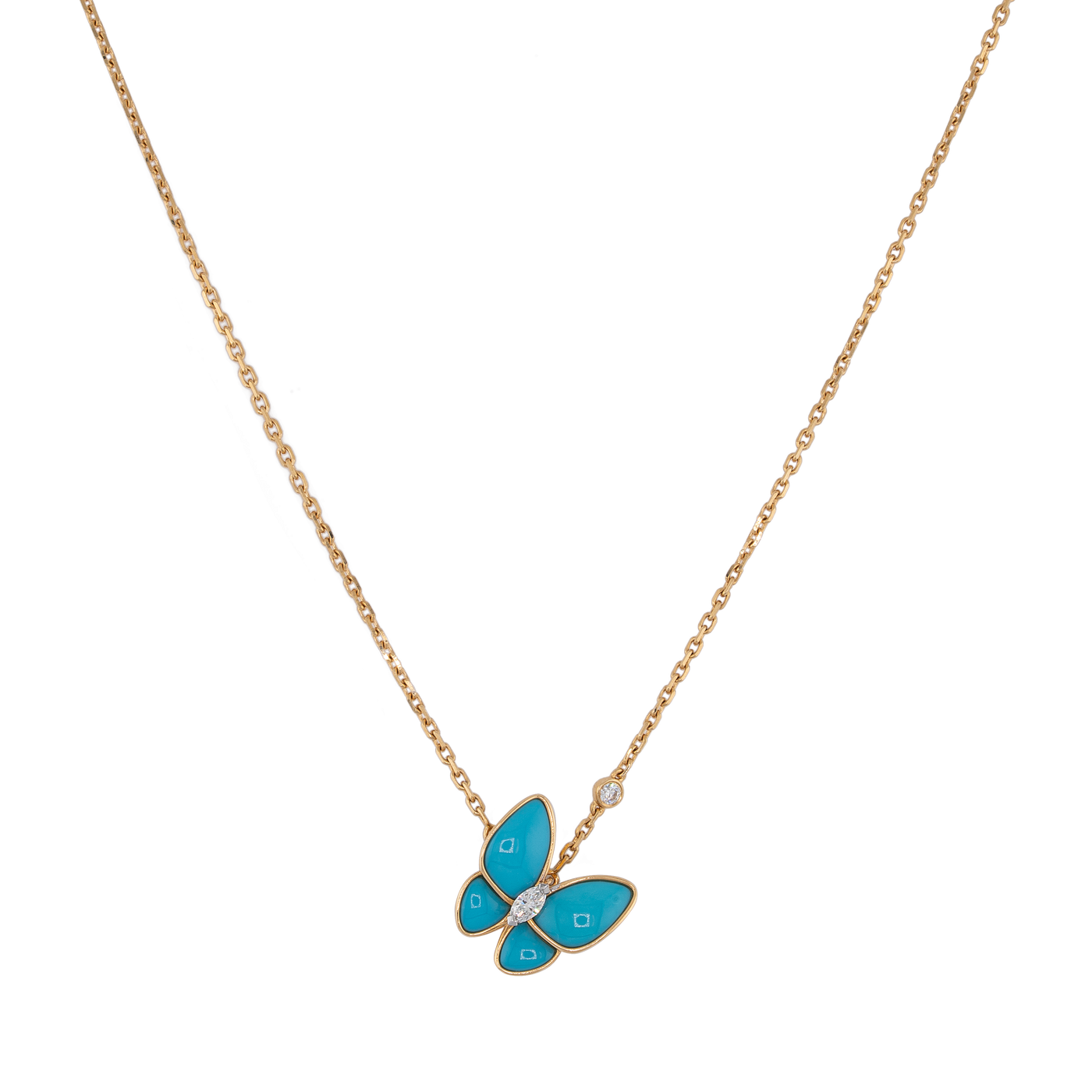 Van Cleef & Arpels 18K Yellow Gold Two Butterfly Pendant Necklace with Diamond and Turquoise