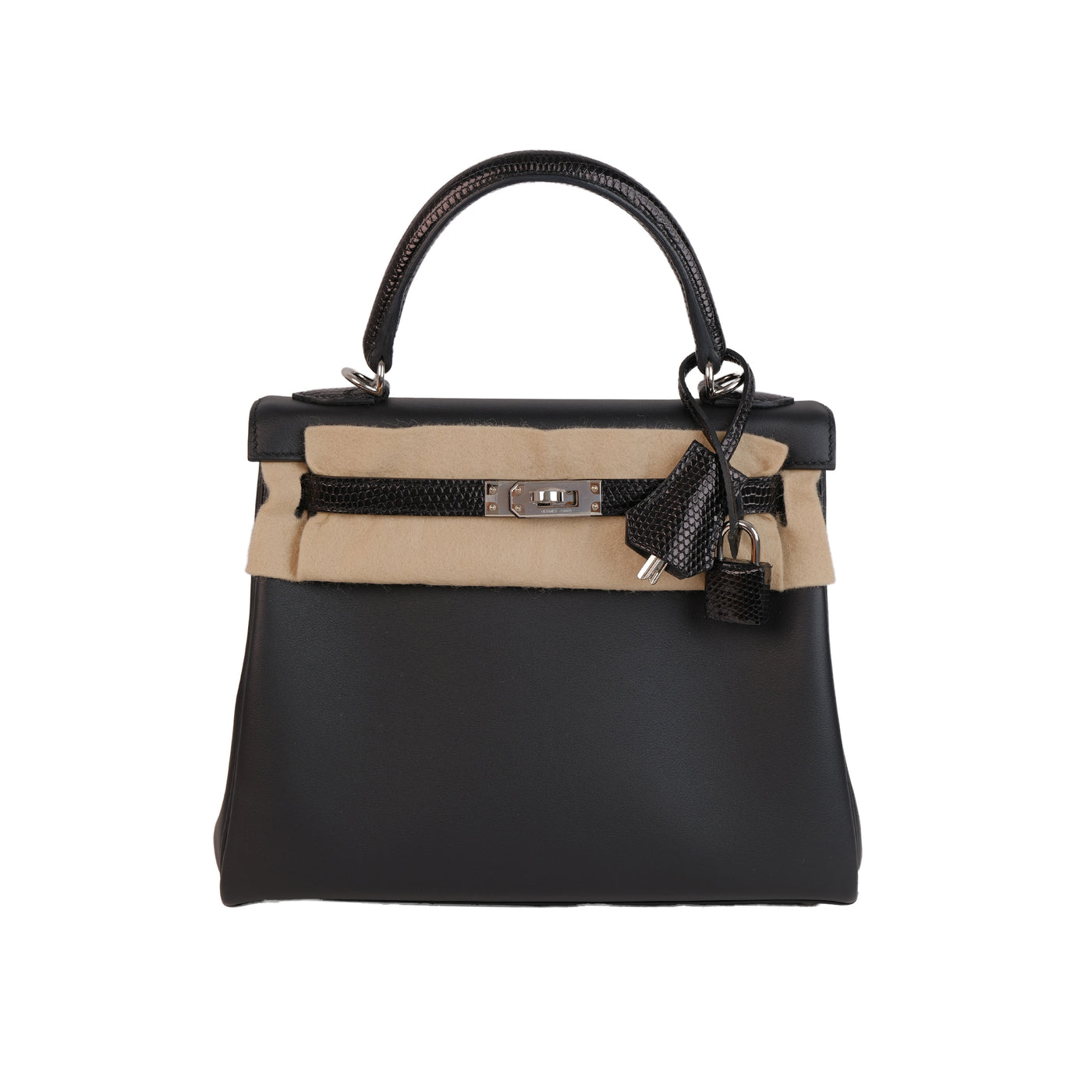 Hermes Kelly 25 Retourne Noir Lizard and Swift Touch with Palladium Hardware