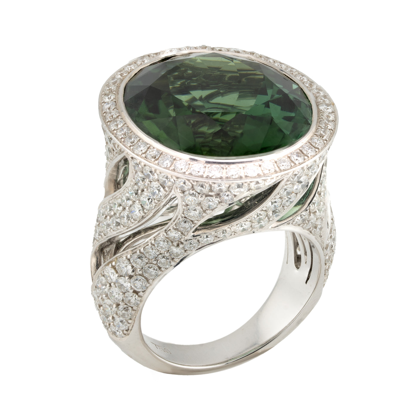 ECJ Collection 18K White Gold Ring with Diamonds and Green Tourmaline