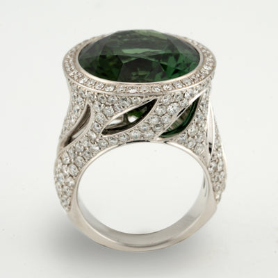 ECJ Collection 18K White Gold Ring with Diamonds and Green Tourmaline