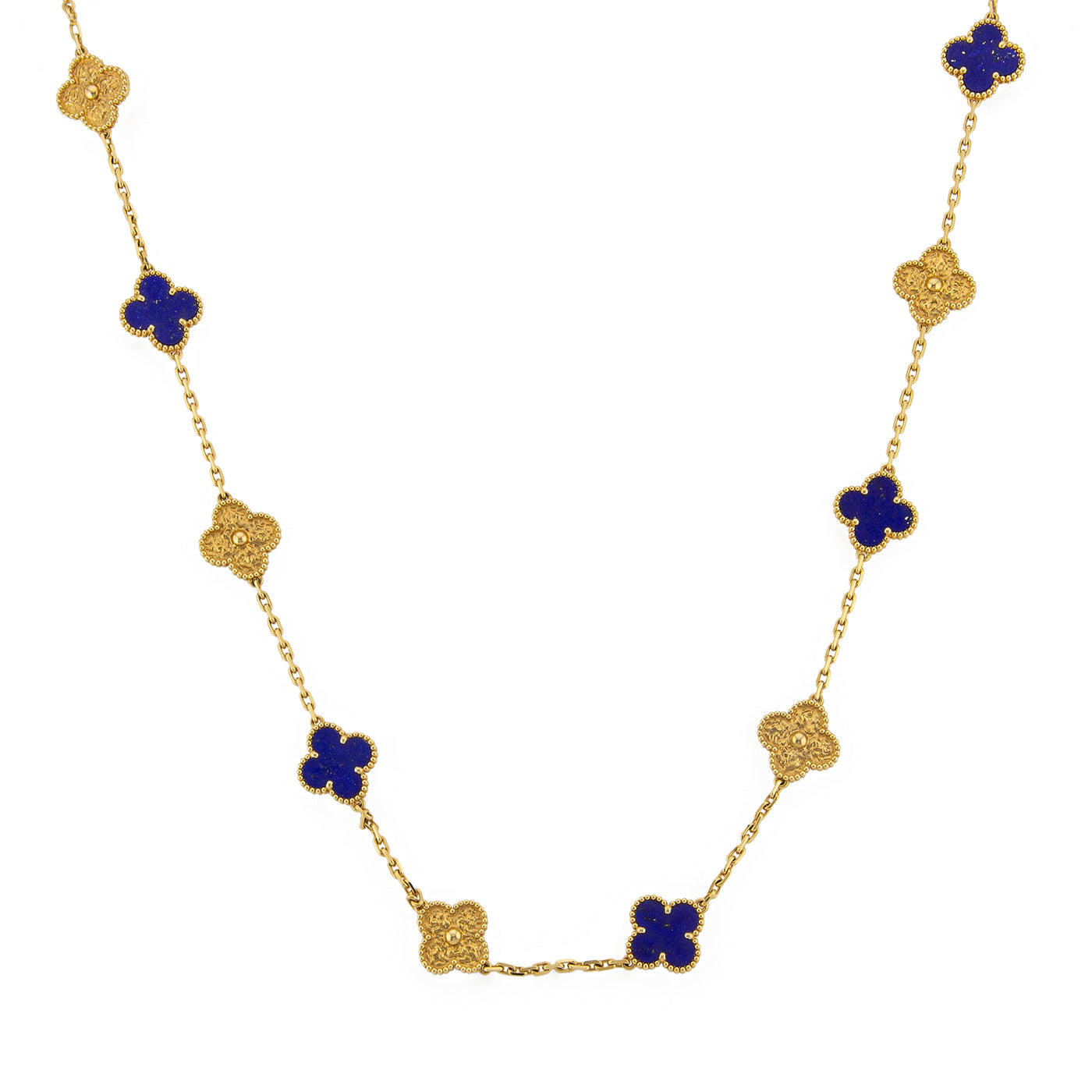 Van Cleef & Arpels 18K Yellow Gold with Lapis Lazuli Vintage Alhambra Necklace, 10 Motifs