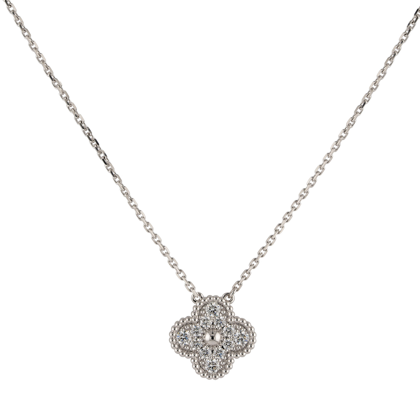 Van Cleef & Arpels 18K White Gold with Diamonds Vintage Alhambra Pendant Necklace