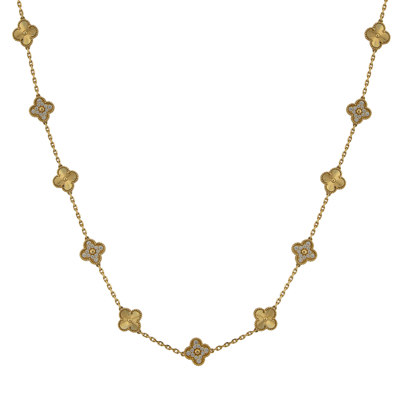 Van Cleef & Arpels Guilloché 18K Yellow Gold with Diamonds Vintage Alhambra Long Necklace, 20 Motifs