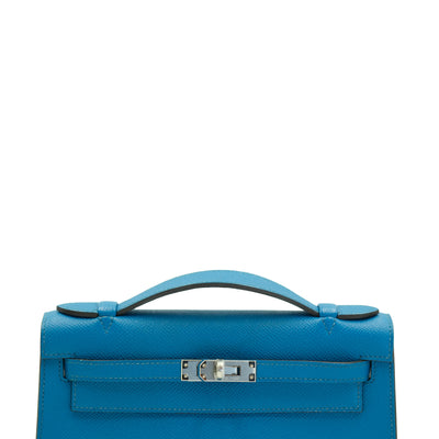 Hermes Kelly Pochette Bleu Izmir Epsom with Palladium Hardware