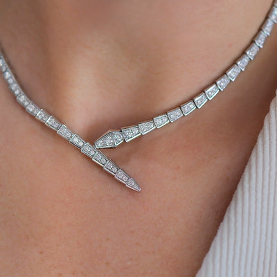 Bulgari 18K White Gold Serpenti Viper Necklace with Full Pave Diamonds