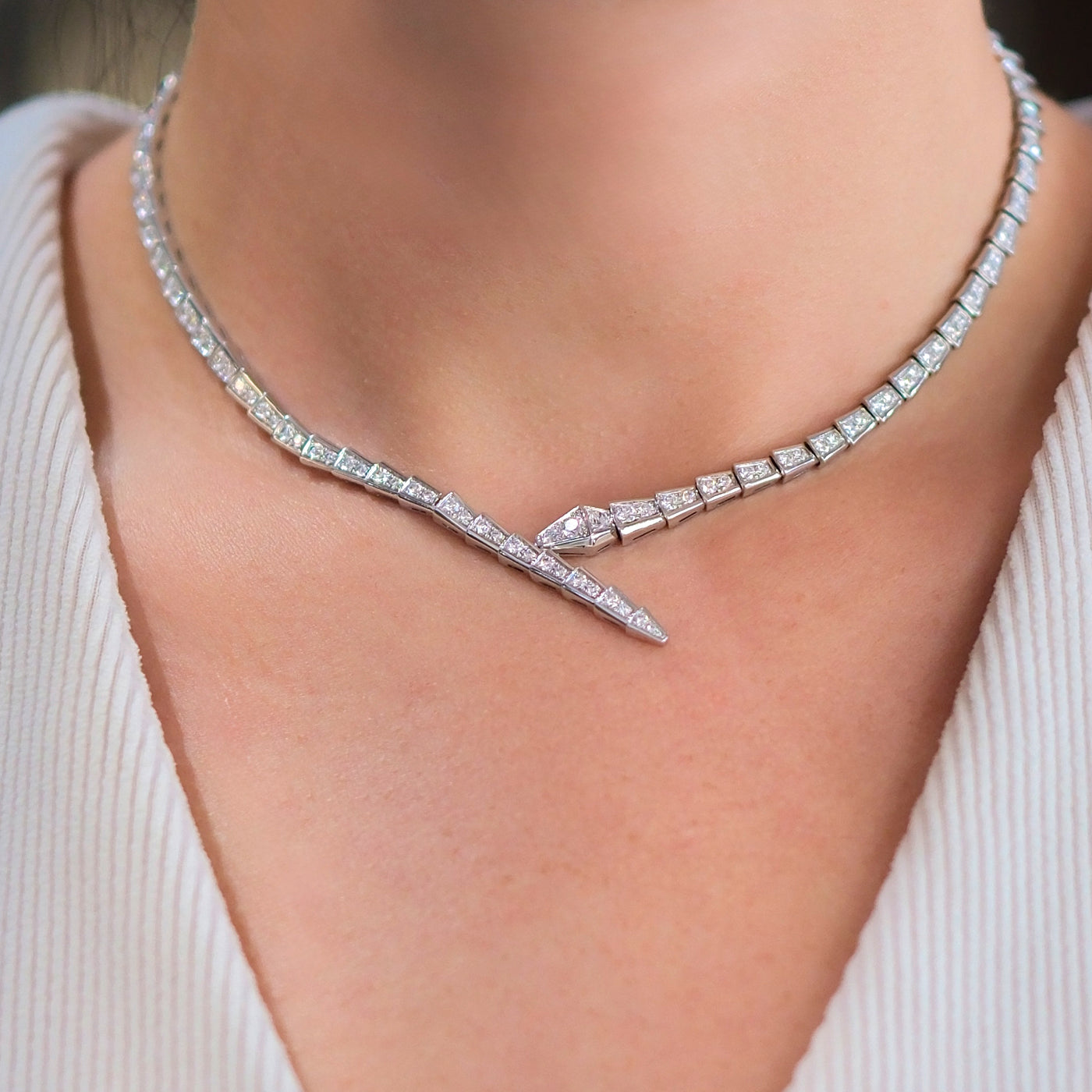 Bulgari 18K White Gold Serpenti Viper Necklace with Full Pave Diamonds