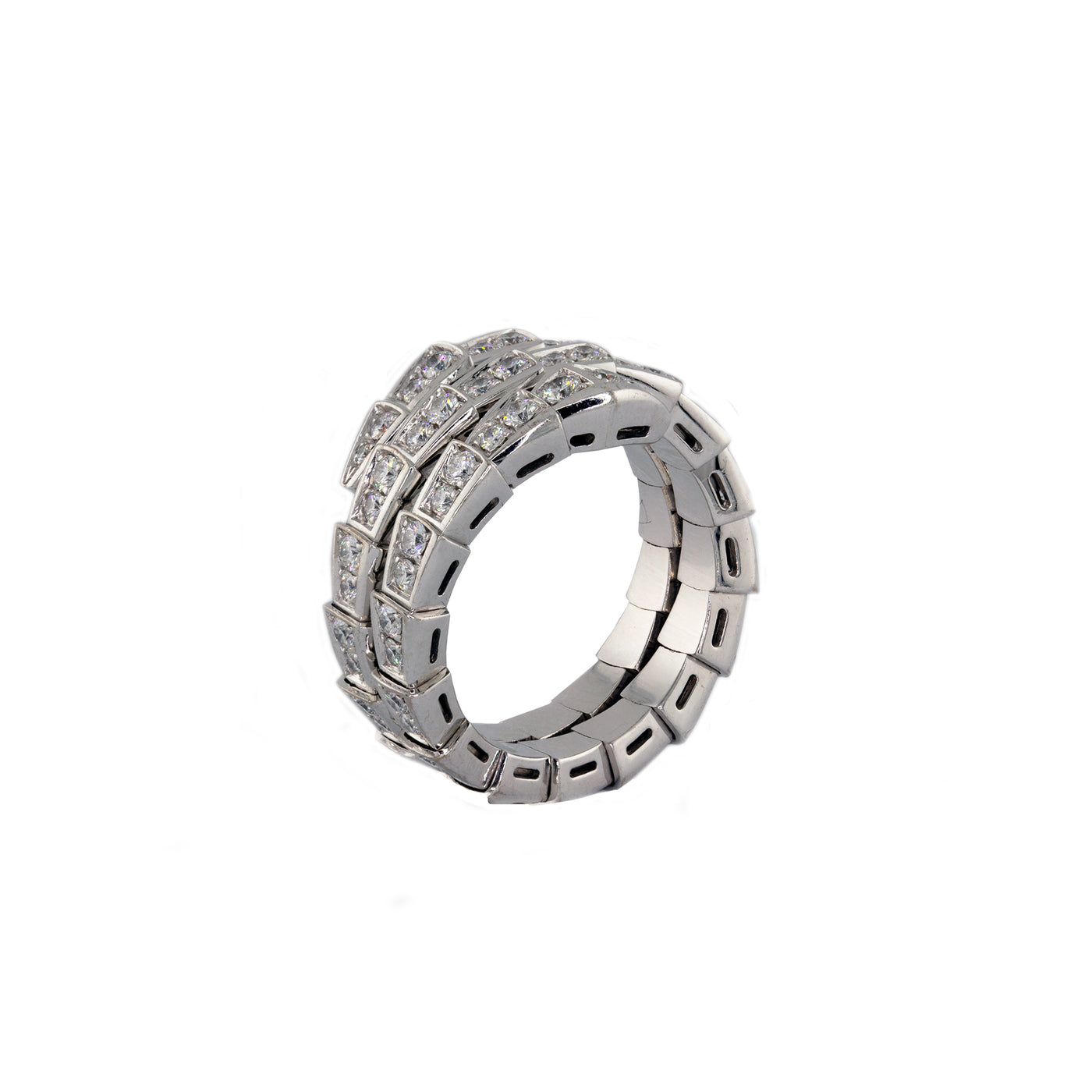 Bulgari 18K White Gold Serpenti Viper Two-Coil Ring with Full Pave Diamonds