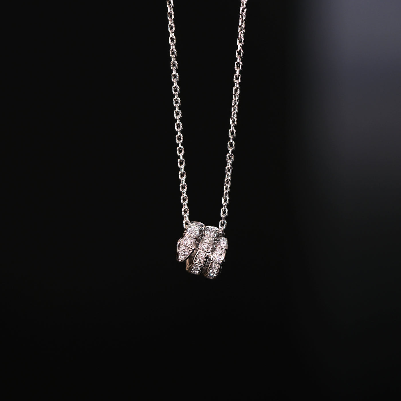 Bulgari 18K White Gold Serpenti Viper Necklace Full Pave Diamonds