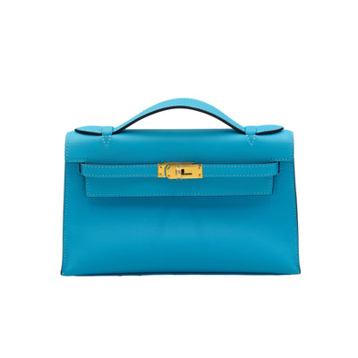Hermes Kelly Pochette Celeste Swift with Gold Hardware