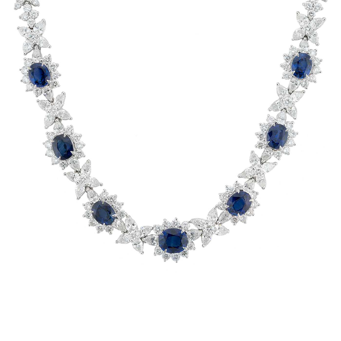 Cellini Jewelers Platinum Oval-Shaped Sapphire and Pear-Shaped Diamond Cluster Necklace