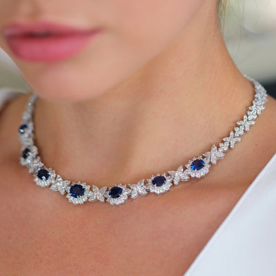 Cellini Jewelers Platinum Oval-Shaped Sapphire and Pear-Shaped Diamond Cluster Necklace