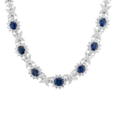 Cellini Jewelers Platinum Oval-Shaped Sapphire and Pear-Shaped Diamond Cluster Necklace