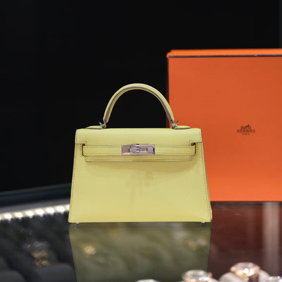 Hermes 2023 Mini Kelly Sellier 20 Limoncello Chevre with Palladium Hardware