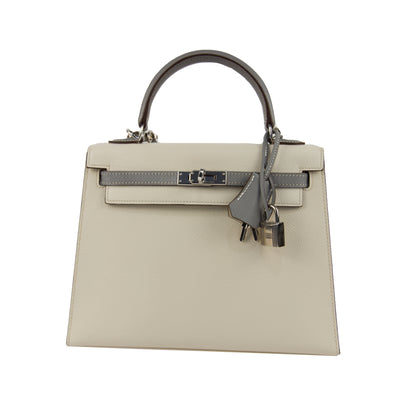 Hermes HSS Kelly Sellier 25 Craie and Gris Mouette Epsom Brushed Palladium Hardware