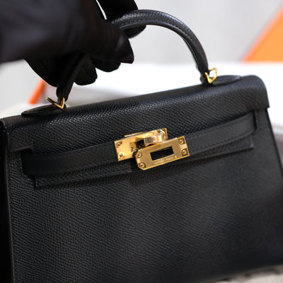 Hermes Mini Kelly Sellier 20 Noir Epsom with Gold Hardware