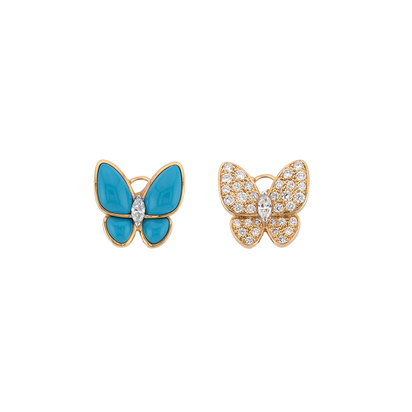 Van Cleef & Arpels 18K Yellow Gold Two Butterfly Earrings with Diamond and Turquoise