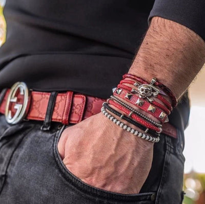 Double Bone Red / Black Stingray Bracelet With Silver Beads (Unisex)
