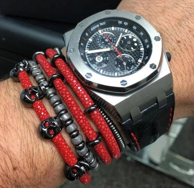 Double Bone Red Stingray Bracelet With Black Beads (Unisex)