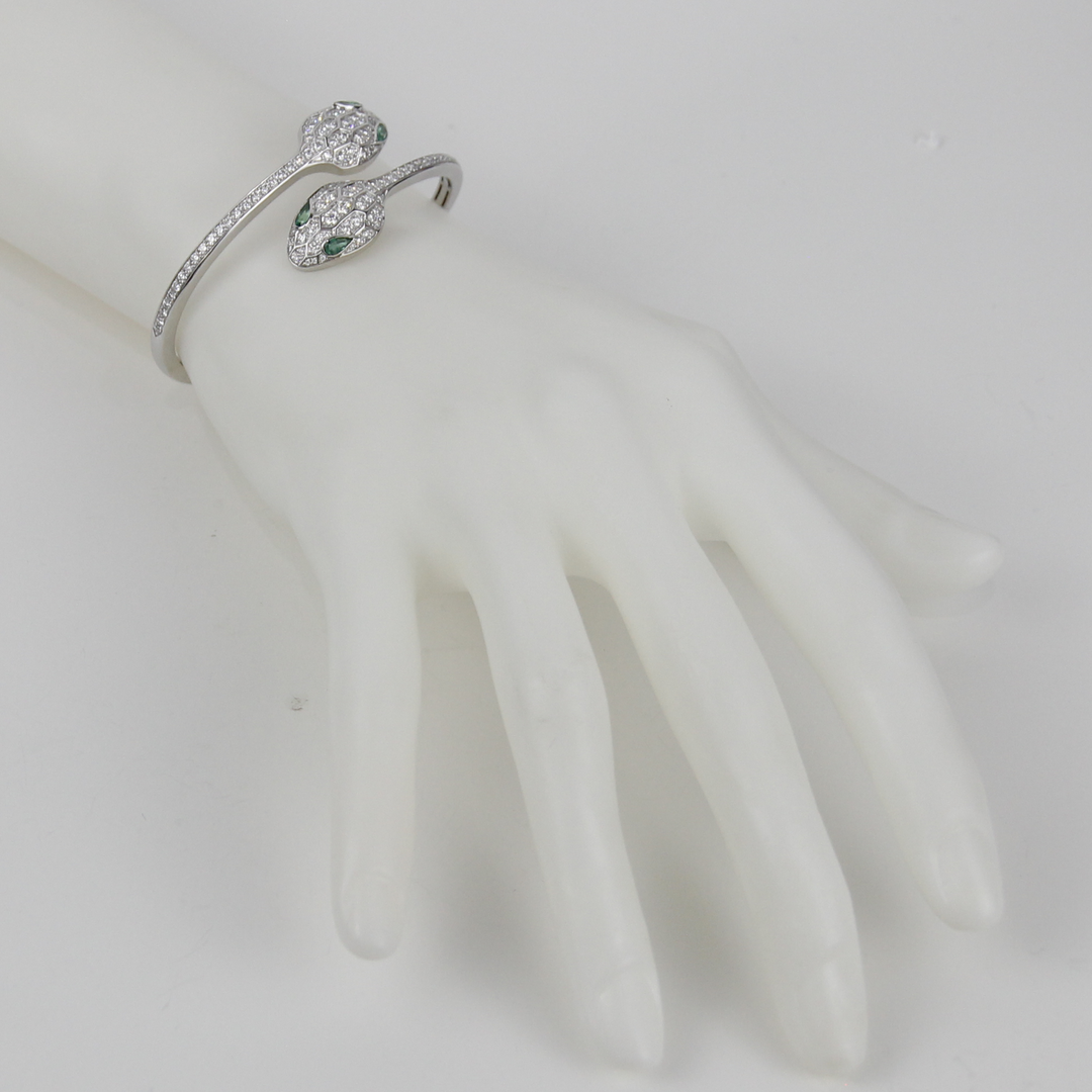 Bulgari Serpenti 18K White Gold Diamond Emerald Bracelet – East